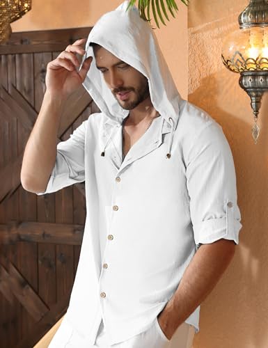 Mens Linen Shirts Casual Button Down Shirts Long Sleeve Roll-Up Sleeve Summer Beach Shirts Tops with Hood2