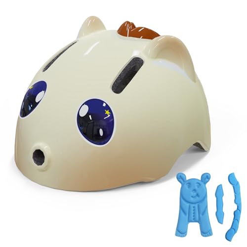 Shinmax Casco de bicicleta infantil con dibujos animados en 3D, para niños y niñas, 3-6-8-10 años, para bicicleta de correr, monopatín, scooter, tamaño ajustable (amarillo-marrón)