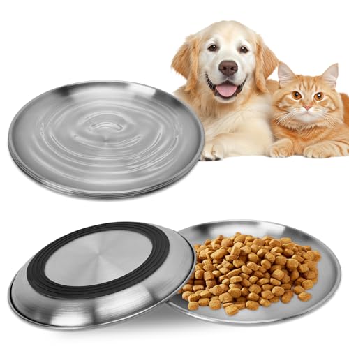 Elisabe Katzennapfe, Edelstahl Flache Katzenschalen mit Rutschfestem Boden, 17cm Anti Whisker Fatigue Futterschüssel Fressnapf und Wassernapf für Katzen und Kleintiere(3 Stück)