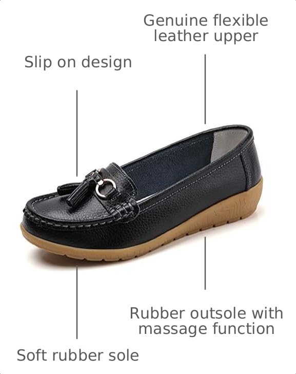 Image of Women Loafers Leather Rubber Sole Slip On Walking Flats Casual Moccasin Boat Shoes