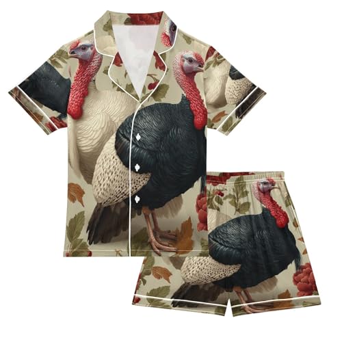 Satin Pajama Sets Short Sleeve Turkey Flowers Button Down Silky Nightwear 2 Piece PJS 5-14Y