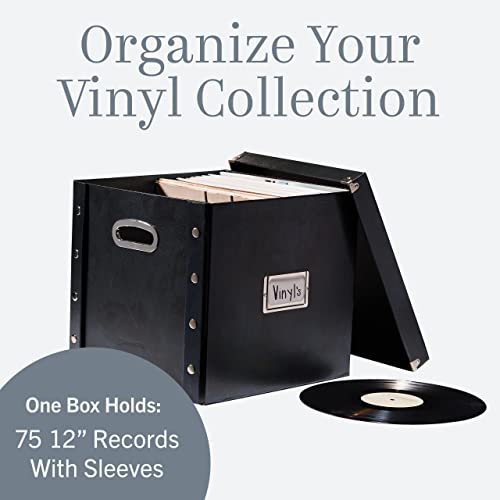 Image of Snap-N-Store Vinyl Record Storage Box, 12 In, 1-Pack, Holds 75 Albums | Sturdy record holder with heavy-duty panels and industrial-sized snaps, easy assembly, chrome card label insert