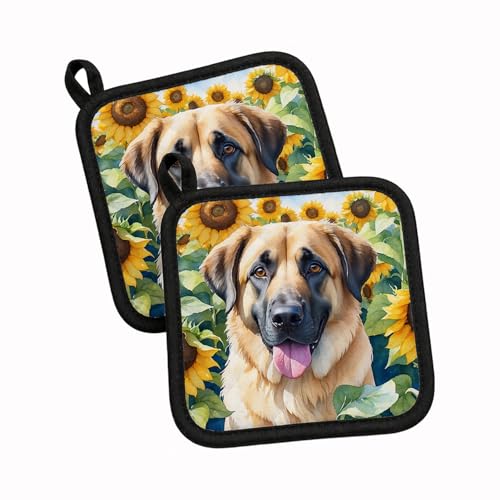 Caroline's Treasures Anatolian Shepherd in Sunflowers Pair of Pot Holders Kitchen Heat Resistant Pot Holders Sets Oven Hot Pads for Cooking Baking BBQ, 7 1/2 x 7 1/2