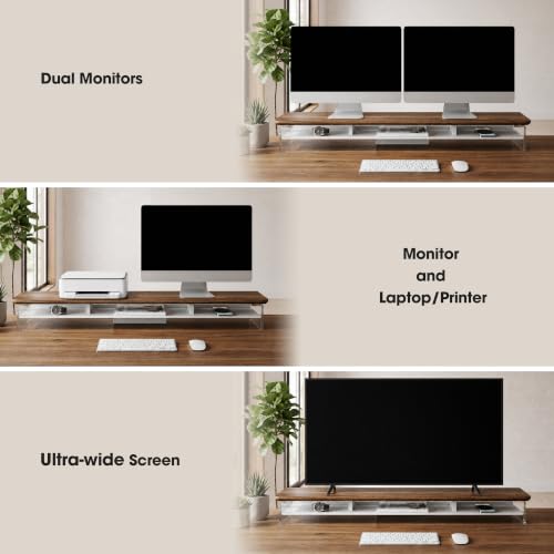 Image of Fenge 42.5 inch Dual Monitor Stand with Clear Acrylic Legs, Brown | Clear acrylic, storage compartment, 2-tier home office monitor riser, wide large desktop shelf fit monitor /laptop /printer
