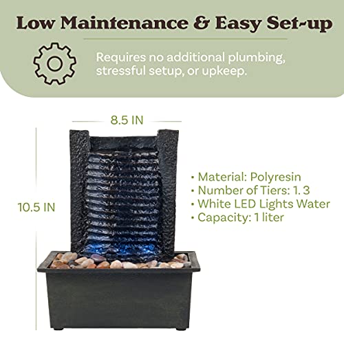 Indoor Water Fountain With Led Lights- Lighted Waterfall Tabletop Fountain With Stone Wall And Soothing Sound For Office And Home Décor By Pure Garden Black #TOP5