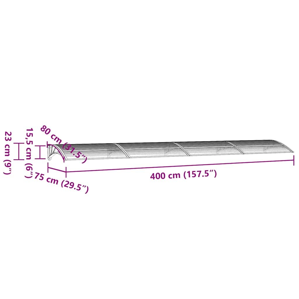 Tenda per porta in policarbonato 400x75 cm Grigio Trasparente | Telaio Alluminio E Supporti ABS, Resistente Alle Intemperie, Kit Di Montaggio Incluso