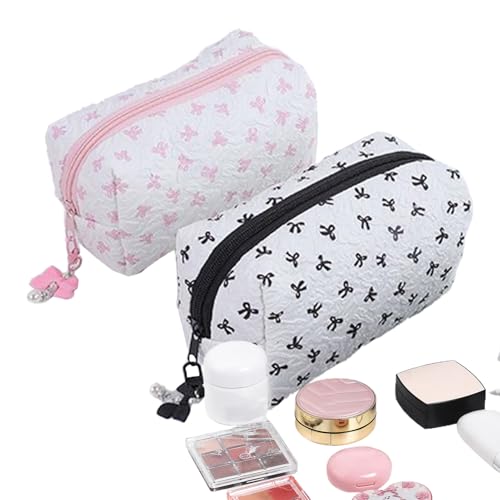 ボウメイクバッグ 大容量 2個セット,Bow ペンケース - スムーズジッパー 可愛いポーチ バッグ 旅行や学校に最適なデザイン