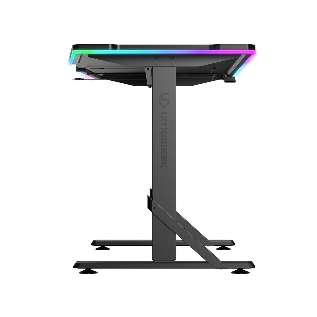 ULTTRADESK - IRON - Scrivania per Cmputer - Scrivania per Monitor da Gioco, Regolabile in Altezza con Retroilluminazione a LED RGB - per 2 Monitor - Grande, Regolabile in Altezza - Nero