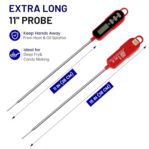 Image of Lonicera Digital Candy Thermometer with Pot Clip, 11 inch Long Probe, Instant Read 2-3s, IPX6 Waterproof Food Thermometer with Backlight, for Deep Fry, Oil & Meat (Red)