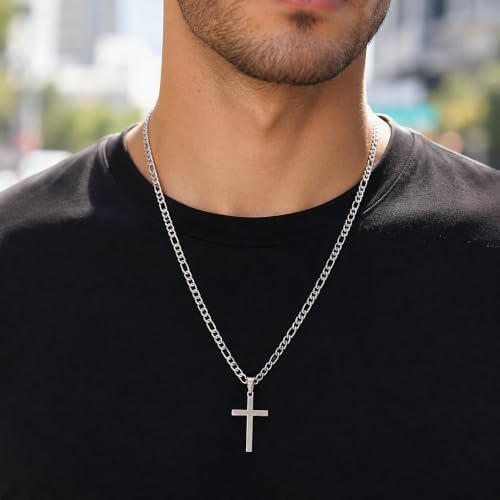 Image of CaptainSteeL Stainless Steel Cross Necklace for Men, Figaro Chain Pendant