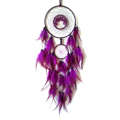 SOYUZU Purple Dream Catcher Wall Decor Crystal Tree of Life Dream Catchers Handmade Feather Dreamcatcher Wall Hanging Ornament for Bedroom Living Room Home Decor
