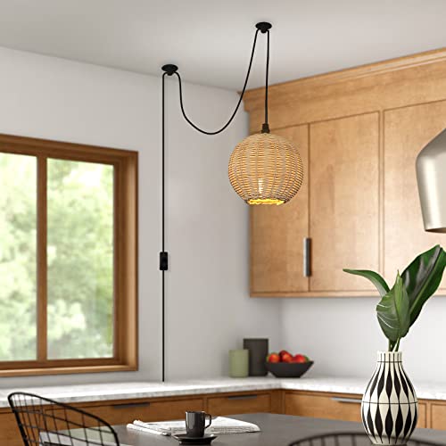 Lámpara colgante pequeña industrial con enchufe, bola de iluminación colgante de ratán de bambú negro cable mini redondo E27 zócalo lámpara de techo para sala de estar, dormitorio (no bombilla) Cover
