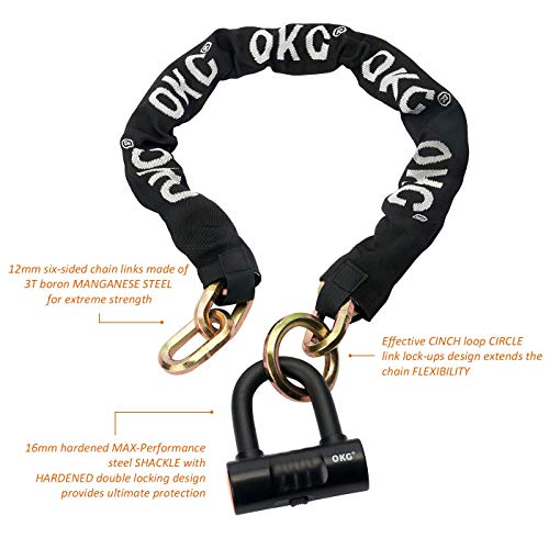 Okg Heavy Duty Motorcycle Chain Lock &Bike Chain Lock, 8 Lbs, 2.6Ft X 15/32 Inch Thick 12Mm Cut Proof Security Chain Combo 16Mm U Disk Lock, Ideal For Bicycles, Motorcycles, Mopeds And Scooters #TOP2