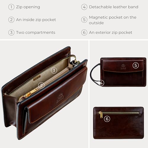 Image of Time Resistance Leather Clutch for Men Organizer Wrist Bag Briefcase Handmade in Italy Gift Box Included