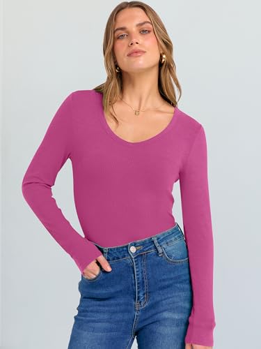 Image of ANRABESS Long Sleeve V Neck Shirts for Women | Soft Comfy Ribbed Knit Fitted Tshirts, Casual Going Out Tops, 2026 Trendy Basic, Fall Winter Underscrub Layering Clothes