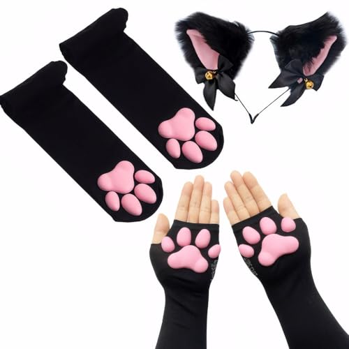 ztowoto Chaussettes hautes de cuisse de coussinet de patte de chat mignon, mitaines de griffe de chaton 3D roses longs gants sans doigts pour filles femmes cosplay de...