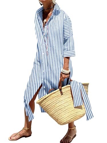 Womens Shirt Dresses Striped Lapel 3/4 Sleeve Maxi Dress Button Down Split Belted