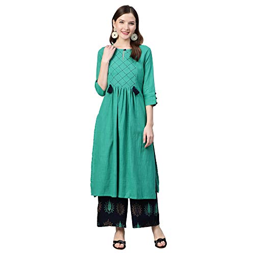 Image of idaLia Cotton Straight Kurta Set for Women with Palazzo 3 /4 Sleeve, Round Neck Designer Kurta with Palazzo Pant Set