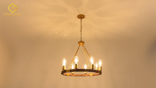 Image of Gold Wooden Wagon Wheel Chandelier 8-Light 23.6 inch Light Fixture