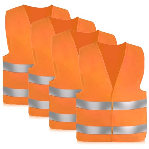 4 Piezas Chaleco Reflectante de Seguridad, Auto Chaleco de Seguridad de Alta Visibilida, Chaleco Trabajo Unisex para Correr Moto Bicicleta Conductor Limpiadores, Naranja