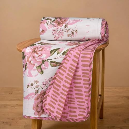 Image of HUESLAND 100% Cotton Reversible Dohar Toddler Size | Soft Cambric Weave, All Weather Light Comforter AC Quilt | Infants-New Born Blanket | 41 x 55 inches, Blushing Blooms - White, Pink & Green