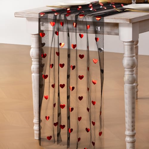 Image of Valentine Heart Table Runner Black Sheer Gauze Foil Table Runner 120 Inch