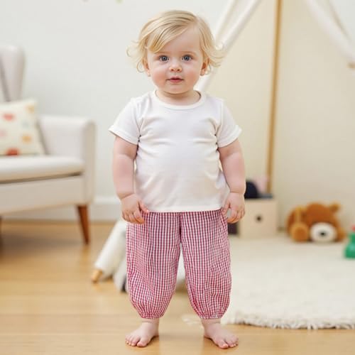 Karuedoo Toddler Baby Boy Girl Gingham Bubble Pants Kids Casual Plaid Elastic Waist Long Bloomers Trousers Bottoms3