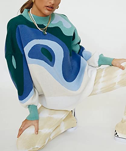 MISSACTIVER Women Casual Knitted Mock Neck Sweater Print Colorblock Long Sleeve Loose Fit Pullover Knitwear3