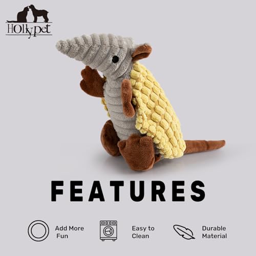Image of Hollypet Plush Dog Squeaky Toy Stuffed Armadillo Animal Pet Puppy Chew Toys with Clean Teeth for Small Medium Large All Breed Sizes Dogs, Yellow, 8 in