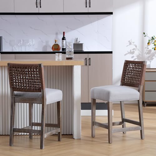 Woven-Rope-Back-Bar-Stools-Set-of-2-Armless-Counter-Height-Stools-Wooden-Farmhouse-Barstools-for-Kitchen-Island-Dining-Room-Bar-Pubs-Clubs-Cafe-Linen-Grey-Brown-Paper Woven Rope Back Bar Stools Set of 2 Armless Counter Height Stools Wooden Farmhouse Barstools for Kitchen Island Dining Room Bar Pubs Clubs Cafe Linen Grey Brown Paper