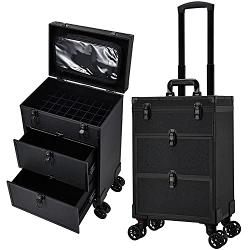 Professional 3 in 1 Rolling Makeup Case Cosmetology Case on Wheels 2 Large Drawer Nail Case Trolley...