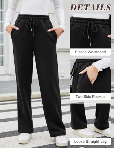 PASUDA Warme Jogginghose Damen Winter Thermo Fleece Gefüttert Freizeithose Lang Sporthose Trainingshose High Waist Gerade Sweatpants Damen Thermohose mit 2 Taschen, Kordelzug (Schwarz, L)