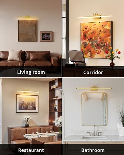 Image of KDG LED Cordless Wall Picture Light with Remote, 7000mAh Rechargeable Dimmable Art Lighting, Adjustable Swing Arm, Picture Frame Light for Gallery, Living Room, Hallway, 24 inch, Gold