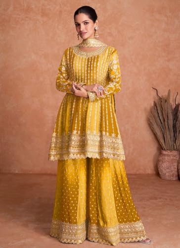 Image of Miss Ethnik Dual Tone Strip Chinon Heavy Embroidered Stitched Sharara Suit Set With Dupatta (ME-1129)