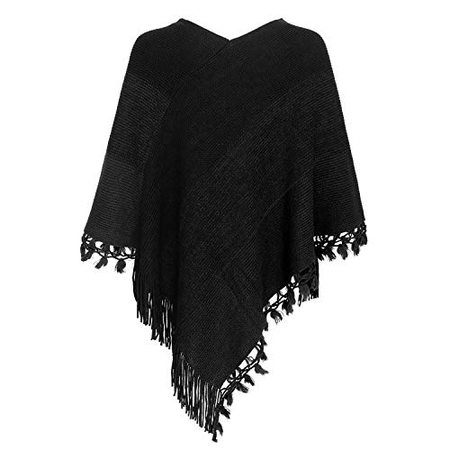 Fomolom Women Striped Poncho with Tassels Knitted Shawl Scarf Fringed Wrap Sweater Pullover Cape Gifts for Women2