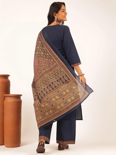 Image of Vbuyz Women Ajrakh With Yoke design Cotton Straight Kurta Set With Dupatta
