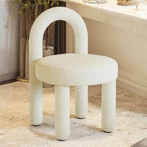 ANTOLE Modern Vanity Stool for Makeup, Elegant Furry Chair with Lambswool Footrest, Dressing Room & Makeup Room (White-40x44x74cm)