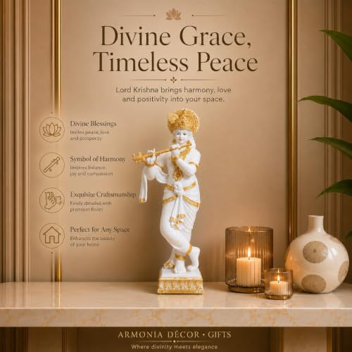 Image of ARMONIA Lord Krishna Idol Marble Dust Statue Murti |Krishana Sculpture for Home Decor,Pooja ghar,Mandir & Gifting Item |Best Gift for Wedding & Housewarming(25 inch,White) (Include Microfiber Cloth)