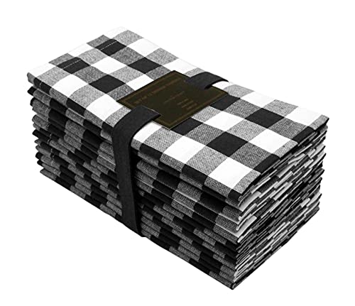 COTTON CRAFT Gingham Buffalo Plaid Check Napkins - Mitered Corners - Halloween Harvest Autumn Fall Luncheon Dinner- Set of 12- Premium Cotton- Reusable Washable Oversized– 20 in x 20 in– Black & White