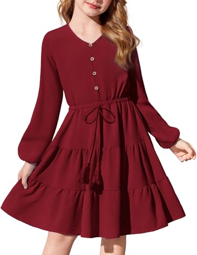 Arshiner Tween Girls Dresses Fall Long Sleeve V Neck Waist Tie Ruffle Tiered Swing Skater Dress