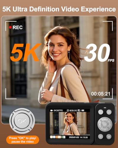 Image of Digital Camera, 5K 80MP Dual Screen, Auto Focus for Beginners Teens | Point and Shoot Camera with 18X Zoom, 32GB Card & 2 Batteries, Great Travel Vlogging Camera for YouTube, Black