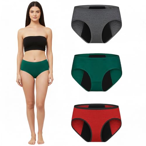 Image of DIVING DEEP Women Period Panty Leakproof Menstrual Underwear Reusable Cotton Period Panty for Heavy Flow Periods Panty for Women Reusable (Pack of 3)