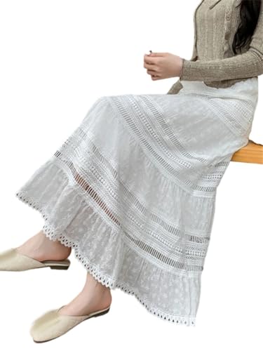 2025 New Spring/Summer Patchwork Skirt Women's Fashion Design Chic Embroidery Lace Hollow Out White Long Skirt4