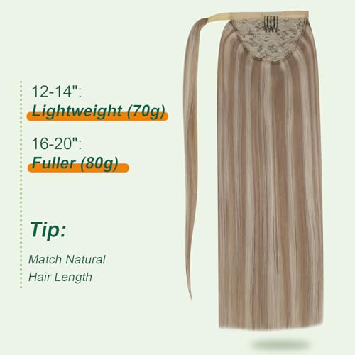 Image of Easyouth Human Hair Ponytail Extension, Light Brown Highlights Blonde, 12 Inch 70G, Wrap around Ponytail, Natural Party Wear, Real Hair Ponytail Extension for Women