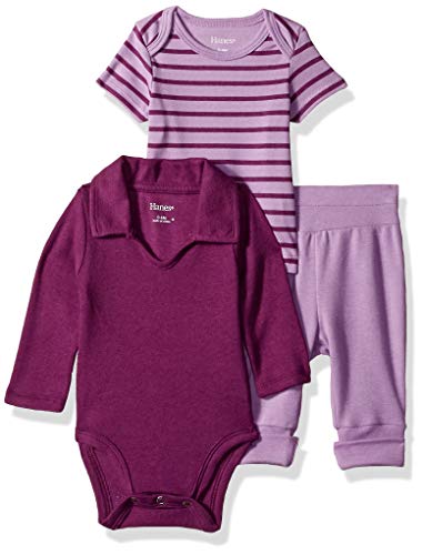 Hanes Ultimate Baby Flexy Knit Jogger with Polo Bodysuit and Short Sleeve Crew, Purple Stripe, 18-24 Months