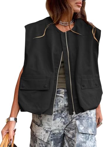 Women Cargo Vest Oversize Cropped Sleeveless Jacket Lightweight Ruffle Ruched Fashion Tops Summer Casual Zip Up Outfit