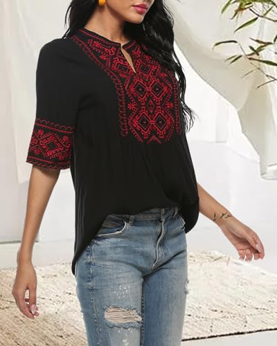 AK Women's Summer V Neck Boho Embroidered Mexican Shirts Short Sleeve Casual Tops Blouse3
