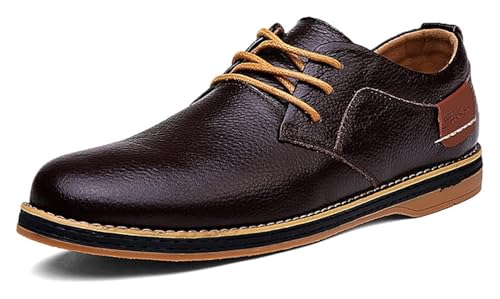 Men's Casual Leather Formal Oxford Shoes Non-Slip Breathable Lace Up Dress Shoes Round Toe Flat Comfortable Business Shoes for Dating Work