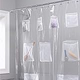 Duschvorhang, Transparenter Duschvorhang, durchscheinend, wasserabweisend & schimmelresistent, Multifunktions-Badezimmer-Gardinen mit 9 Taschen, 180 x 180 cm