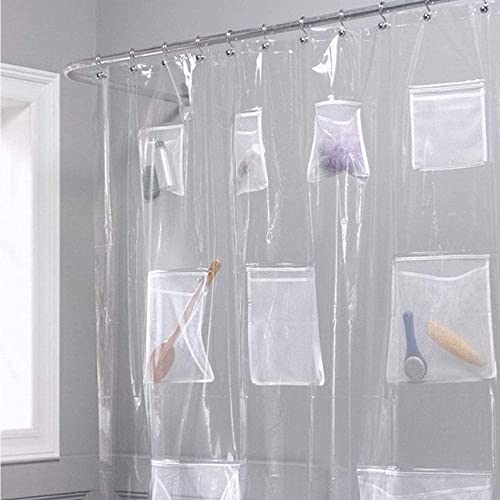 Duschvorhang, Transparenter Duschvorhang, durchscheinend, wasserabweisend & schimmelresistent, Multifunktions-Badezimmer-Gardinen mit 9 Taschen, 180 x 180 cm